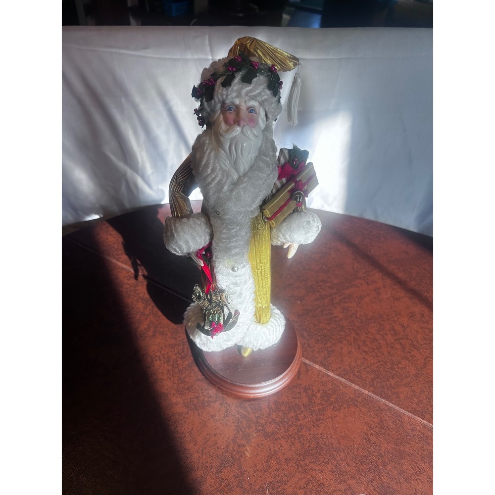 Vintage Gold Father Christmas Santa Figure Wooden Base 12.5+ in